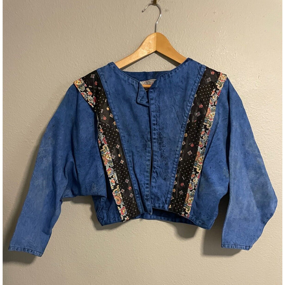 Vintage Opal Women Jacket Small Denim Acid Wash Floral Open Crop Western FLAW - Picture 2 of 11